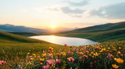 Obraz premium Serene Sunset over Mountain Lake and Wildflower Meadow