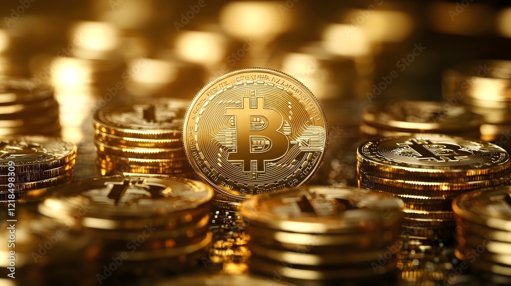 Poster Stacked golden Bitcoin cryptocurrency coins and glowing financial graphs in the background