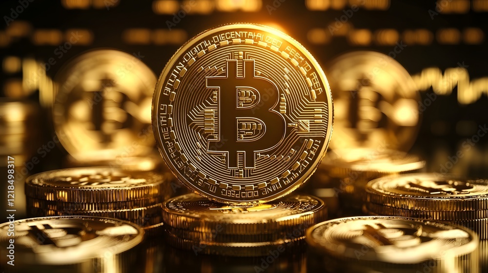 Poster bitcoin currency stack of golden coins with glowing financial graphs symbolizing global investment o