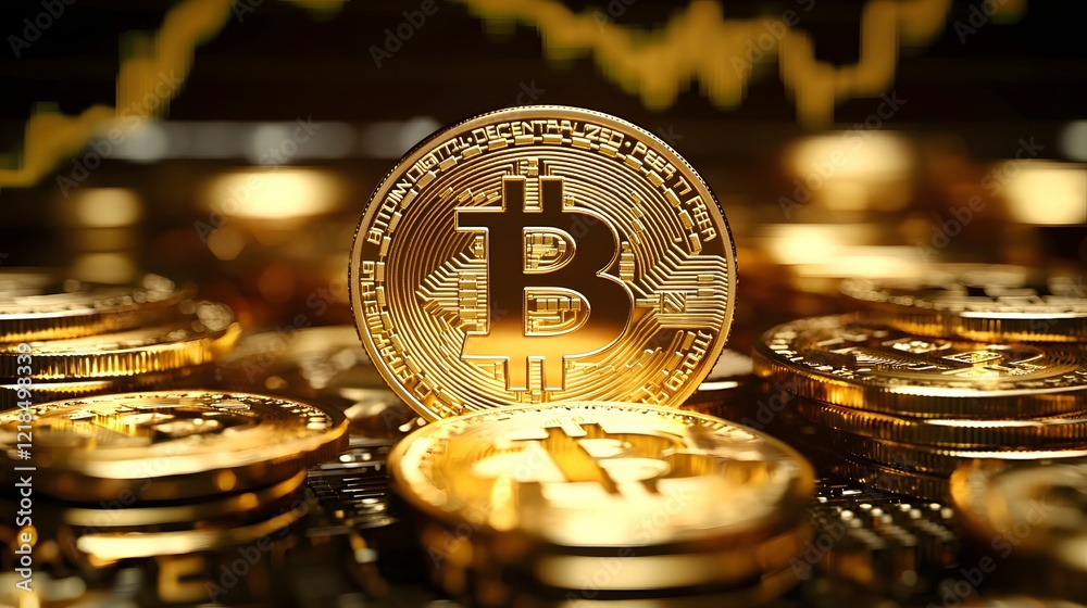 Fototapete Stack of shiny golden Bitcoin cryptocurrency coins with glowing financial graphs charts and data visualizations in the background symbolizing global investment opportunities digital finance