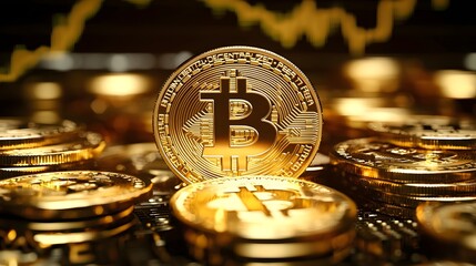 Stack of shiny golden Bitcoin cryptocurrency coins with glowing financial graphs charts and data visualizations in the background symbolizing global investment opportunities digital finance