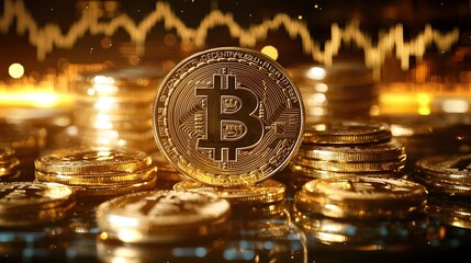 Stack of golden Bitcoin cryptocurrency coins with glowing financial data graphs charts