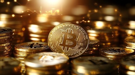 Stacked metallic Bitcoin coins with a shiny gleaming appearance and abstract blockchain connections symbolizing the decentralized