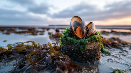 A mussel bed exposed during low tide, surrounded by seaweed and shallow water,