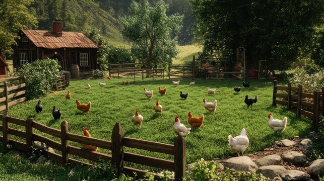 Chickens graze in rustic mountain farm yard