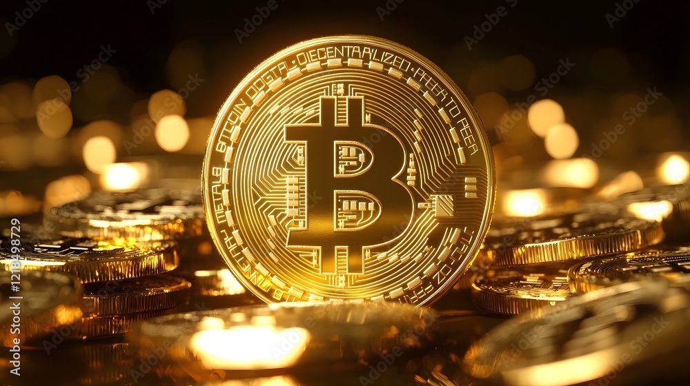Aufkleber glowing bitcoin stacks with global financial market elements representing investment in cryptocurren
