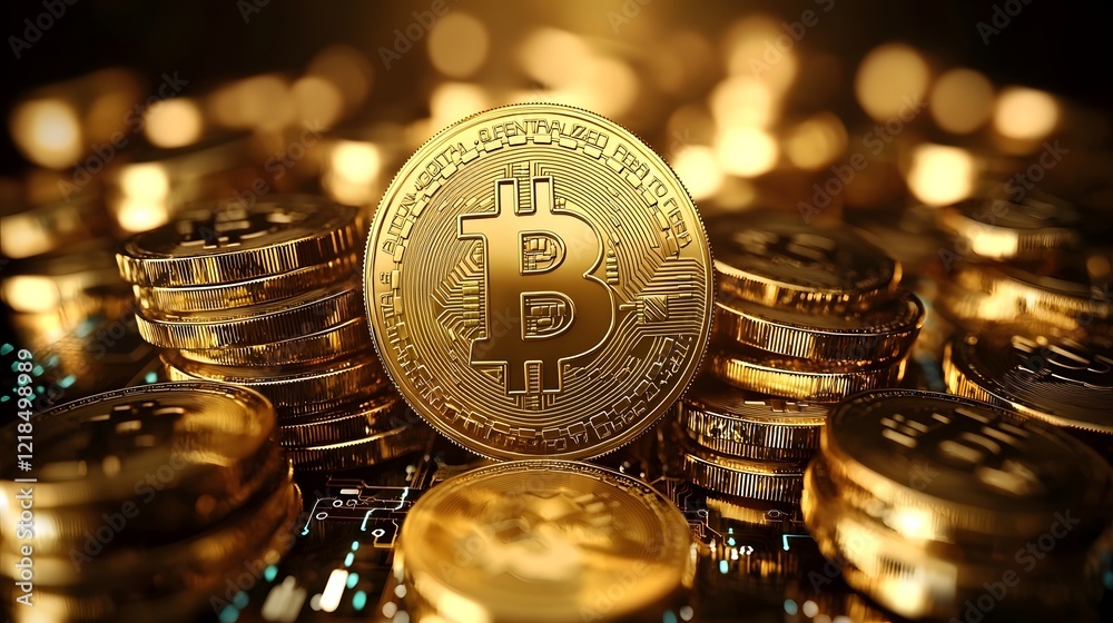 Poster tower of golden bitcoin coins set against a high tech digital background