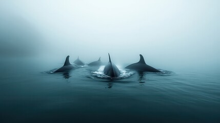 Fototapeta premium A pod of whales swimming in perfect harmony, their massive tails breaking the surface of the water,