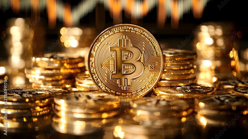 Poster elegant bitcoin coin stacks with soft lighting and a global financial chart overlay symbolizing the 