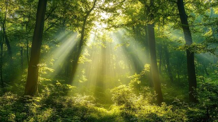 Obraz premium Sunbeams illuminate misty forest path; nature background for eco design