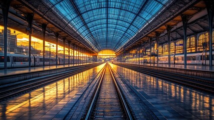 Fototapeta premium Sunset train station platform, tracks reflecting golden hour