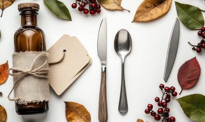 Rustic Kitchen Setting Featuring Vintage Glass Bottle with Kraft Label, Cutlery, and Autumn Leaves in a Cozy Arrangement for Culinary Themes