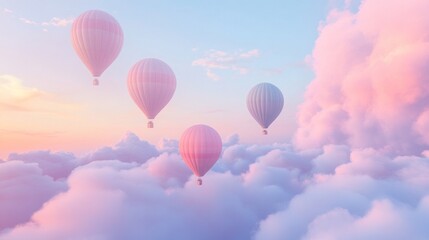 Obraz premium Pastel hot air balloons soar above dreamy clouds at sunset, ideal for travel posters