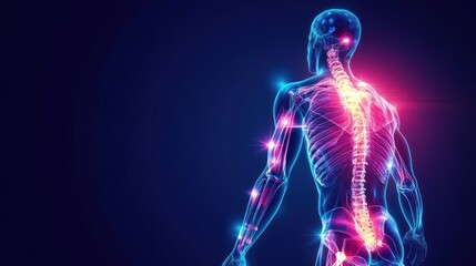 Glowing spine anatomy, pain points, dark background, medical illustration