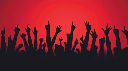 Silhouetted Crowd of Hands Reaching Up Against Vibrant Red Background