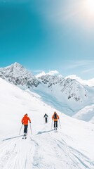 Skiers Descending Snowy Mountain Slope On A Sunny Day