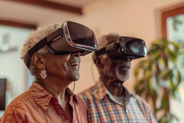 Senior African American Couple Exploring Virtual Reality: Woman Amazed in VR Headset