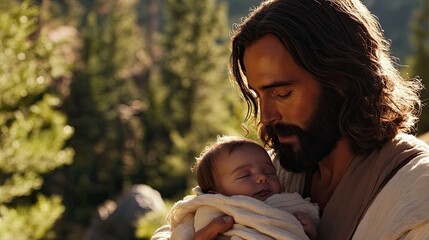 Jesus holding baby new born --ar 16:9 --v 6.1 Job ID: 8e14da79-25eb-4db3-98dd-962ec87e3880