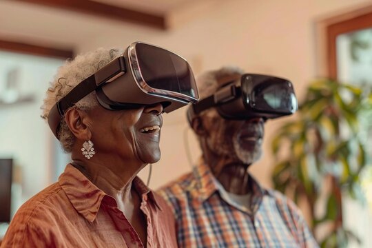Senior African American Couple Exploring Virtual Reality: Woman Amazed in VR Headset