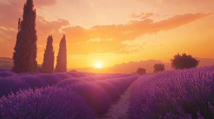 Lavender Dreams Farmhouse Silhouette Against a Stunning Sunset Sky