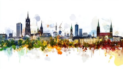 London Skyline in Silhouette with Bold Watercolor Splashes