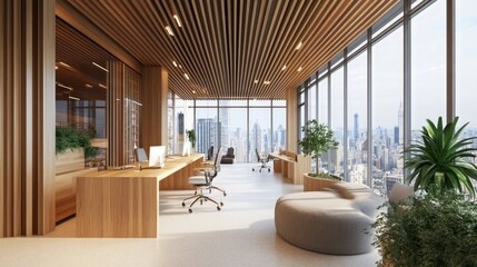 Modern Office Interior with Wooden Accents and City Views