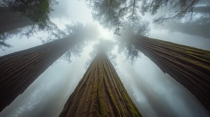 Misty Forest of Giant Redwoods Reaching for the Sky