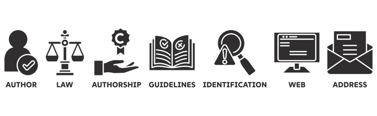 Fototapeta premium Copyright icon set illustration concept with icon of author, law, authorship, guidelines, identification, web, address 