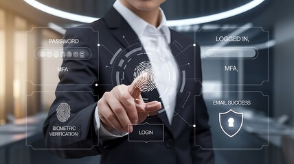 businessman pressing the virtual button MFA, multi-factor authentication. cloud computing concept, cloud technology, Saas, Paas, Iaas. AWS Services	
