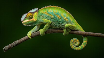 Fototapeta premium A chameleon perched on a vibrant green branch, blending perfectly with its surroundings,