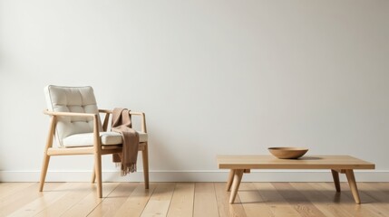 Light-filled minimalist living room featuring a modern upholstered armchair and low wooden coffee table, a serene and calming interior design aesthetic.