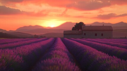 Serene Sunset Lavender Field and Farmhouse Silhouette in Harmony