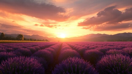 Sunset Serenity Lavender Fields and Farmhouse Silhouette in the Golden Light