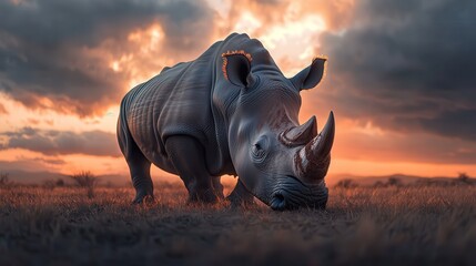 Obraz premium A rhino grazing on the grasslands during golden hour, its thick skin glowing in the sunlight