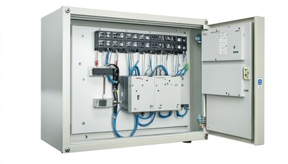 Open electrical cabinet showing fuses, wires, and components