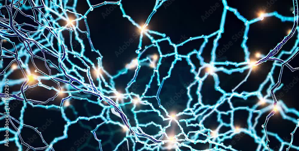 Poster a dynamic visualization of glowing neural connections with blue nodes and lines, symbolizing artific