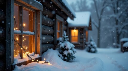 Cozy cabin window adorned with twinkling lights during a gentle snowfall, creating a warm and inviting winter scene