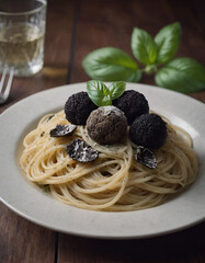 Delectable Spaghetti with Black Truffle and Basil
