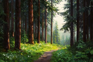 Fototapeta premium Sunlit Path Through a Lush Green Forest