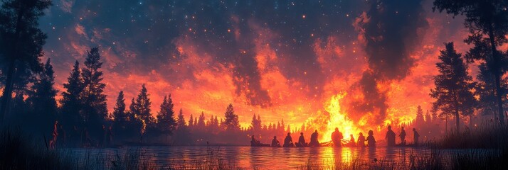 Night Bonfire by the Lake under a Starry Sky