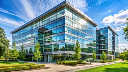 Modern corporate headquarters building with sleek glass fa?ade and lush green surroundings, urban landscape, corporate design