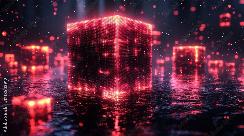 Canvas Prints luminous red cube in a dark futuristic setting: an abstract digital artwork