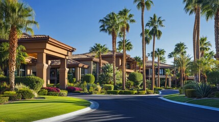 Fototapeta premium Scenic view of a real estate community showcasing luxurious villas, manicured lawns, and modern architecture.