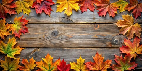 Obraz premium Autumn Sugar Maple Leaves Framing Rustic Wood Background , fall colors