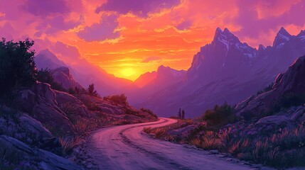 Fototapeta premium Serene mountain road in the Dolomites at sunset, vibrant orange and purple sky, winding through rugged peaks.