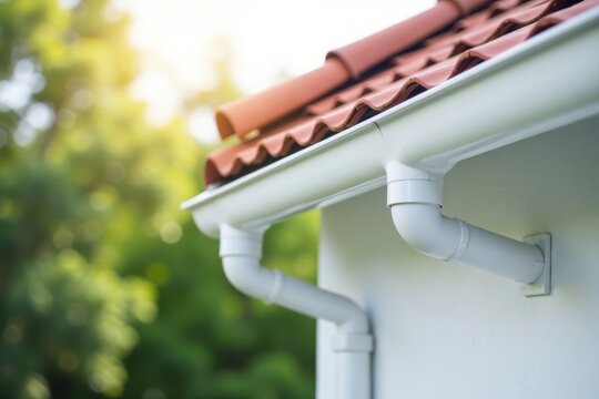 White PVC gutter system installed on a residential building with terracotta roof tiles, viewed from a low angle against a blurred green background
