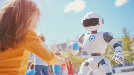 Children enjoy playing ball with a social robot under bright sunshine at a vibrant school playground, AI companionship concept