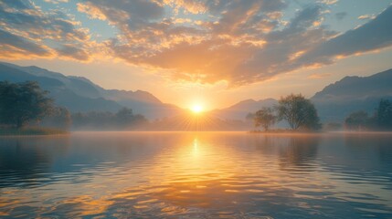 Fototapeta premium Sunrise over a lake with mountains and fog in background. Stock photo