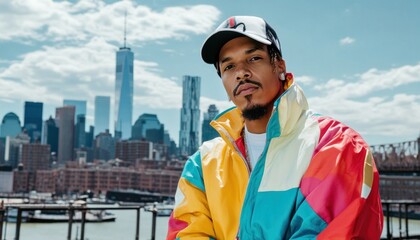 Rapper posing with new york city skyline in background