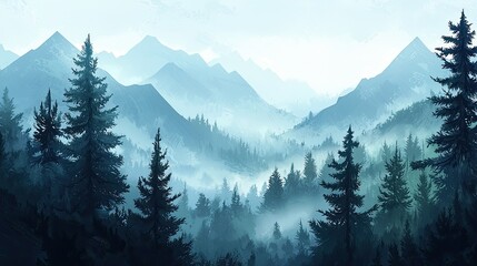 Misty Mountain Forest Landscape, Sunrise View, Digital Painting, Nature Background